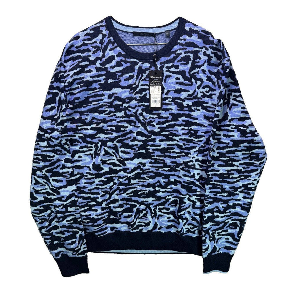 Greyson Saratoga 100% Wool Sweater Mens XL Blue Camo Golf Crewneck NWT MSRP $275